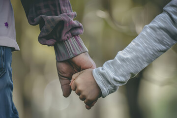 Close-up of an adult holding a child's hand, symbolizing connection and guidance outdoors