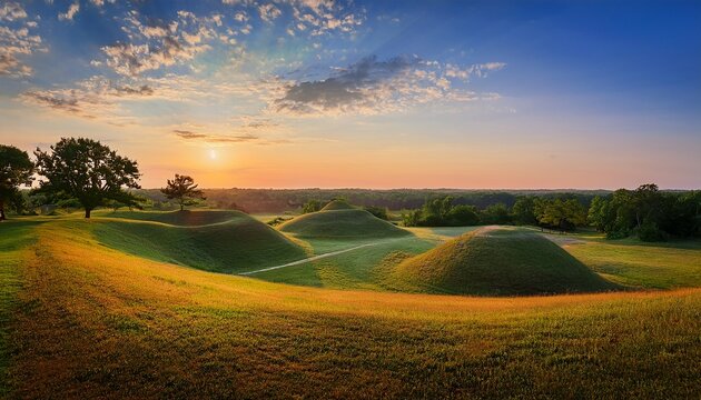 a captivating look at the cahokia mounds at sunrise showcasing prehistoric earthworks and lush landscapes in illinois