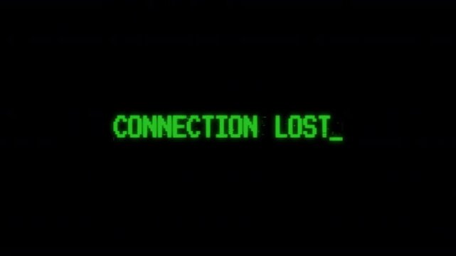 Connection Lost text typing computer retro style with rgb split noise effect glitch distortion, flicker background. motion text 4k video with alpha channel