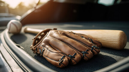 Baseball glove, bat and ball in the back of a pickup truck, ready for a summer game during golden hour