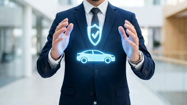 Businessman Presenting Digital Car Protection with Shield Icon, Automobile Insurance Concept, Vehicle Safety Coverage, Automotive Security Technology and Risk Protection, Video