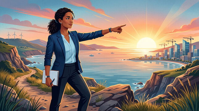 Visionary Businesswoman Aponta para o Desenvolvimento Urbano Futuro com Energia Renov&aacute;vel