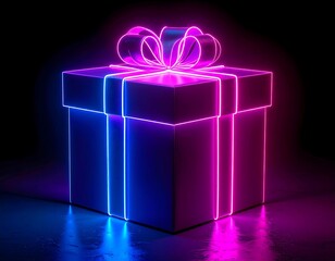 Neon-lit gift box with a bow on dark surface, gradient hues from blue to pink light up the cube present