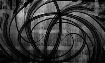 モノクロでざらざらとした抽象的なデザインの背景に植物のツタのようなオブジェクトが重なる壁紙、グラフィックの素材