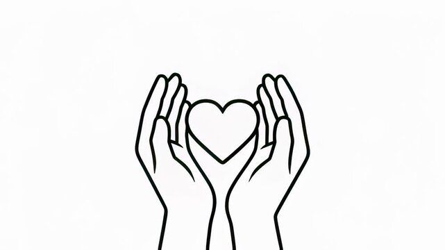Minimalist black and white animation of hands protecting a heart icon, showcasing care and medical wellness concepts in a smooth looping motion.