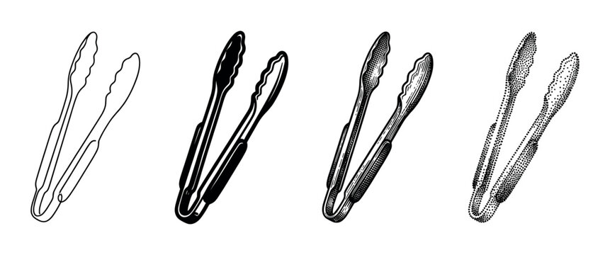 Four styles of kitchen tong illustrations featuring a minimalist line art outline, a solid black silhouette, a classic woodcut engraving, and a stippled dotwork design