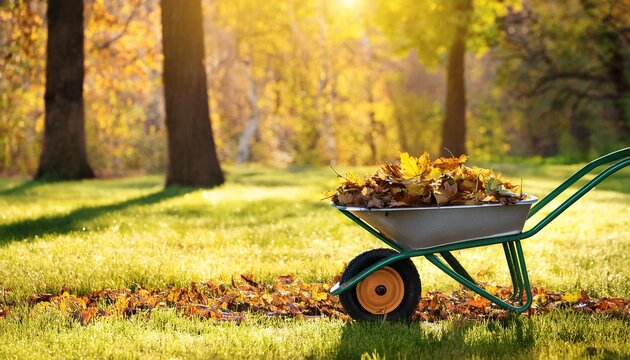 garden wheelbarrow with leaves or cleaning city park in spring at sunny day
