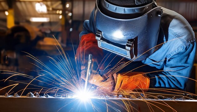 industrial welder welding fabricated construction in factory welding process by flux core welding fcaw