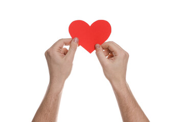 Fototapeta premium Man with decorative heart on white background, closeup