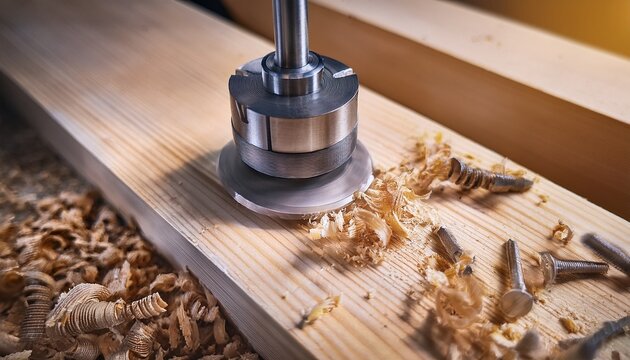 shaping copying shank router bit clamped in chuck of a working machine tool sharp steel woodworking milling cutter with bearing forming a round edge on wood plank pile of twisted shavings joinery