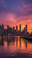 Fototapeta premium NYC skyline during golden hour with vibrant sunset clouds over the water