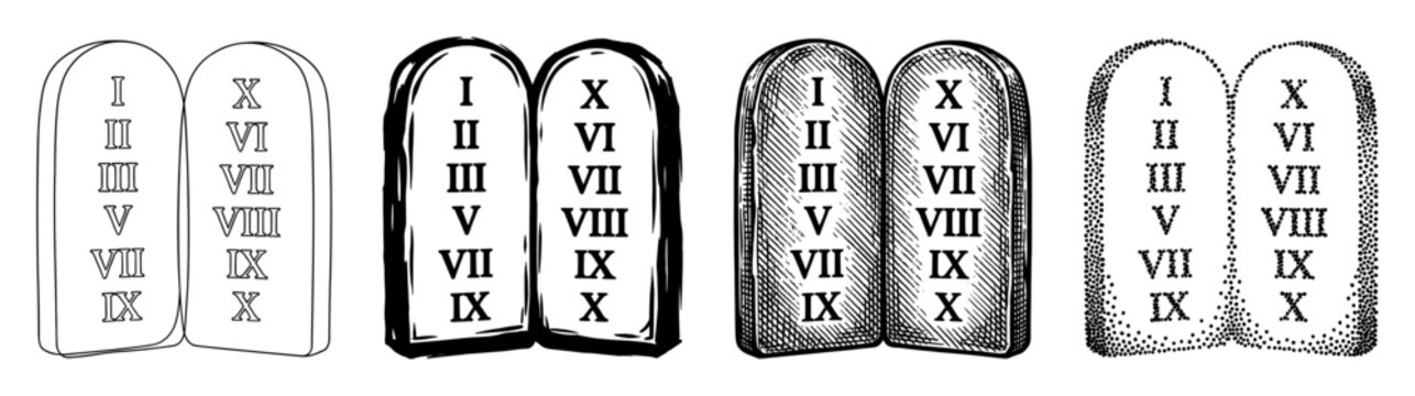Four pairs of stone tablets representing the Ten Commandments, illustrated in a variety of black and white graphic styles including outline, bold ink, hatching, and stippling