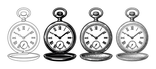 Fototapeta na wymiar Set of four vintage pocket watches illustrated in various black and white graphic styles like line art, silhouette, engraving, and stippling, showing open lids and Roman numerals