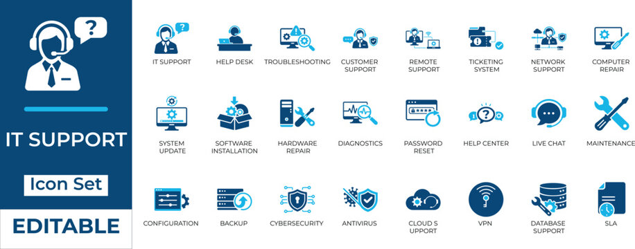Editable IT support and tech service vector icon set featuring help desk, computer repair, troubleshooting, and cybersecurity symbols.