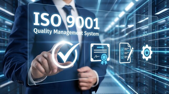 ISO 9001 Quality Management System Certification Business Professional Approving QMS Standards with Digital Interface in Data Center