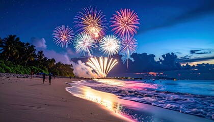 Night beach fireworks display reflecting in waves, silhouetted people watch under a vibrant blue and pink sky