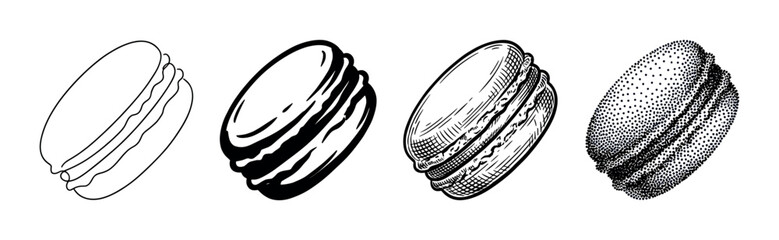 Set of four macaron illustrations showing different graphic styles from simple line art and solid ink to detailed engraving and stippling dotwork in a monochrome design
