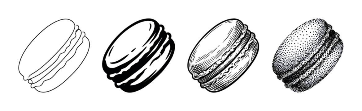 Set of four macaron illustrations showing different graphic styles from simple line art and solid ink to detailed engraving and stippling dotwork in a monochrome design