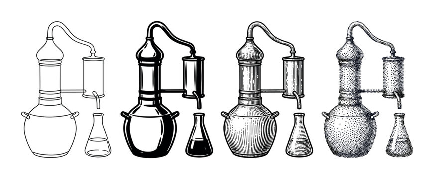 Set of four vintage alembic stills for distillation illustrated in different artistic styles including line art, silhouette, engraving, and stippling for a historical scientific concept