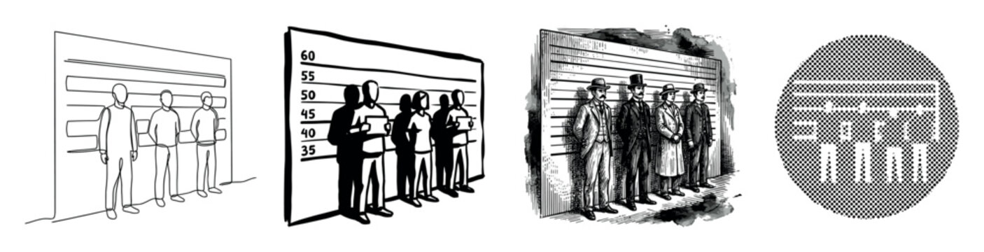 Set of four police lineup illustrations in various artistic styles including minimalist line art, vintage engraving, graphic silhouette, and a halftone dot pattern icon for crime concepts