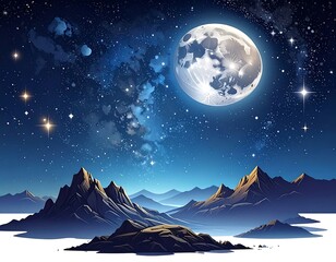 Night landscape mountains under a bright moon and starry sky, evokes wonder and celestial beauty in a dreamlike style
