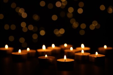 Many burning candles on black background, closeup. Bokeh effect