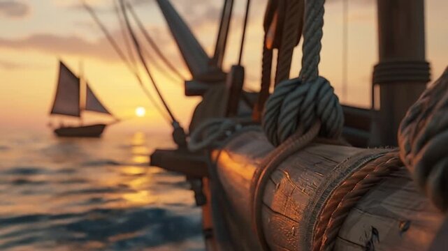 Sailing vessel at sunset with detailed wood elements and ocean views