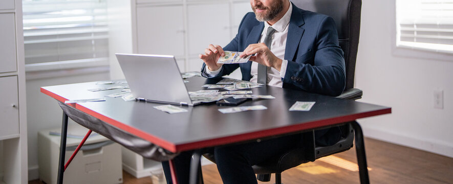 Rich Hispanic boss waste money. Successful finance businessman. Investment success. Business success. Businessman counting money at office. Business man counting dollar, investment growth