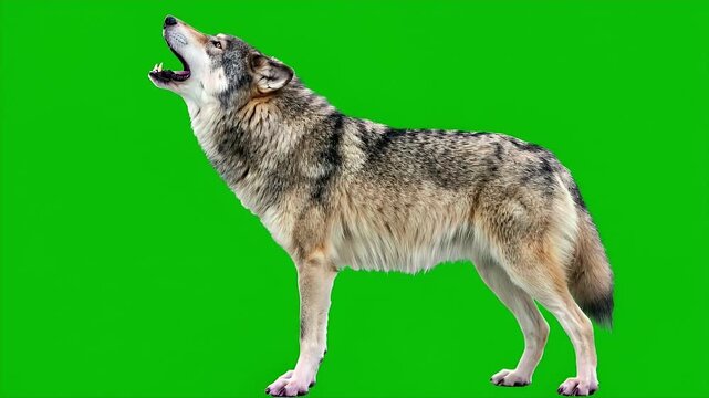 grey wolf profile during howl against chroma key background