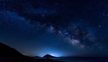 Night scene Milky Way arches over dark water & land, stars shimmer against blue sky