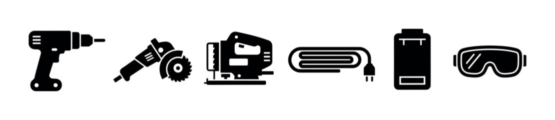 Set of black glyph icons depicting construction power tools including a drill, angle grinder, jigsaw, extension cord, battery, and safety goggles for workshop tasks