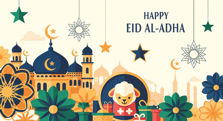Eid AlAdha Sheep Illustration with Mosque Background. © Romadon