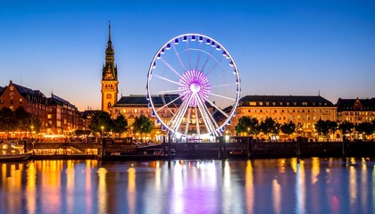 Night skyline featuring Ferris wheel, city buildings, and reflective water at dusk with vivid lights