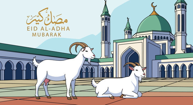 White Goats Standing Near Mosque Illustration.