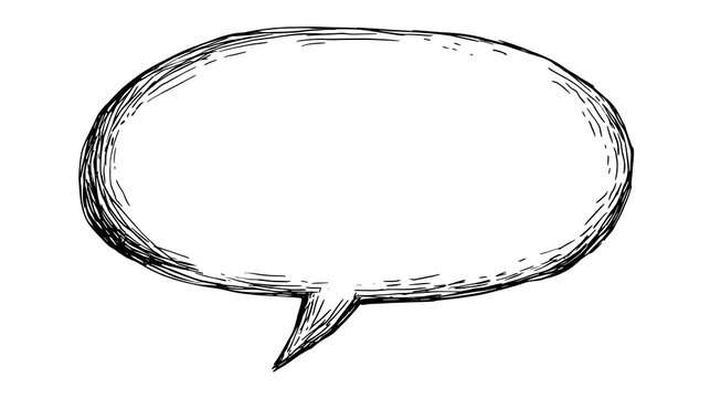 Hand-drawn sketch of an empty oval speech bubble with a pointed tail, isolated on a white background.