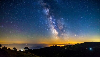 Night view of milky way over rolling hills with a yellowish light glow emanating from a distant cityscape