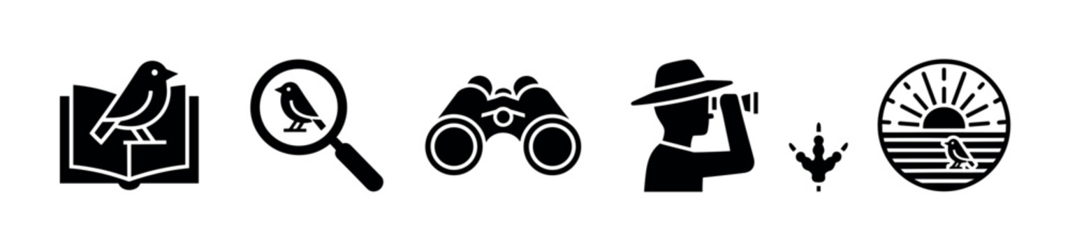 Black birdwatching and ornithology glyph icon set with a field guide, magnifying glass, binoculars, observer, footprint, and a nature emblem for wildlife observation
