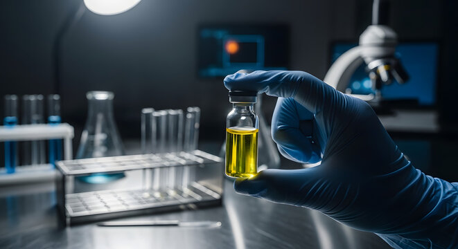 A hand wearing a glove holds a small vial containing a yellow liquid in a laboratory setting with various glassware.