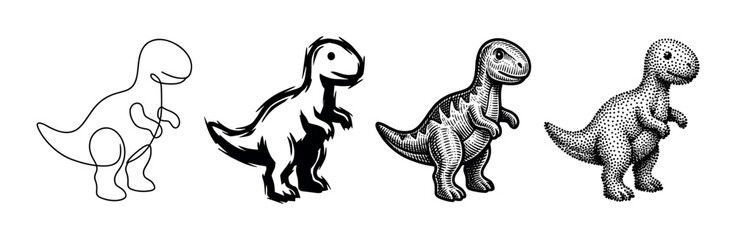 Naklejka premium Four cute Tyrannosaurus Rex illustrations showing a progression of artistic styles from simple one-line and brush stroke to detailed engraving and stippling