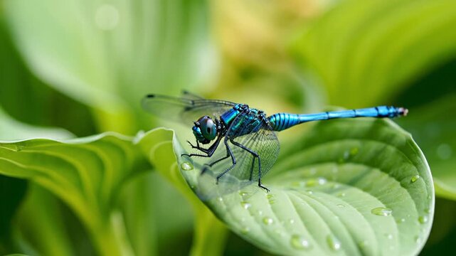 Blue dragonfly sits on a green leaf, droplets of water are visible