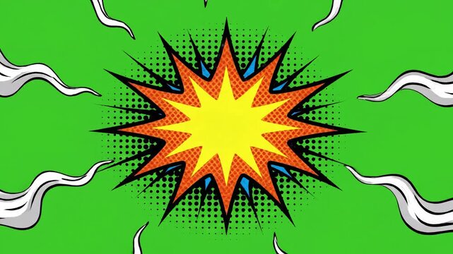 Abstract Expressive Animation with yeah word retro cartoon comic bubbles popup style expressions colored bomb and smoke strip dotted red speed radial line seamless loop black green screen 4k doodle