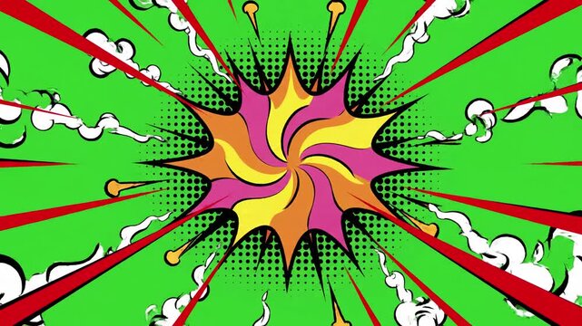 Seamless Green Screen Overlay with yeah word retro cartoon comic bubbles popup style expressions colored bomb and smoke strip dotted red speed radial line loop animation black 4k doodle background