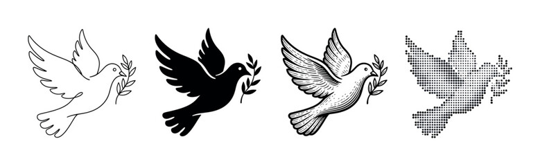 Obraz premium Collection of four dove illustrations holding an olive branch in various artistic styles including line art, silhouette, detailed engraving, and a halftone dot pattern
