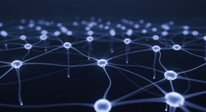 Abstract Neural Network Connections, Glowing Blue Nodes and Synapses on Dark Background