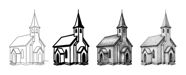 Fototapeta premium Set of four church building illustrations rendered in different black and white artistic styles, including continuous line drawing, solid silhouette, vintage engraving, and stippling