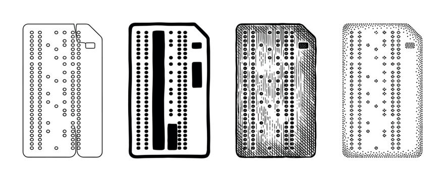 Four vintage computer punch cards illustrations presented in a collection of different artistic styles, from clean line art and bold graphics to detailed engraving and stippling