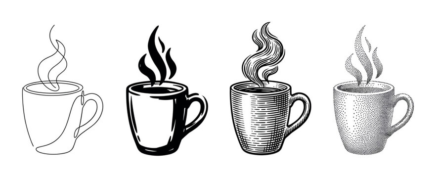 Collection of four steaming coffee cups illustrated in diverse black and white styles, from minimalist one-line art to vintage engraving, bold graphic, and stippling dotwork