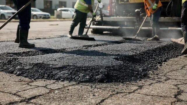 Closeup of workers spreading fresh hotmix asphalt on a worn parking lot during daytime machinery and crew focused with blurred background surfaces.