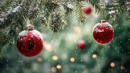 Red Christmas Ornaments on Pine Branch with Falling Snow