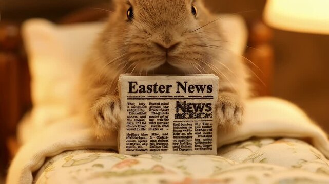 Rabbit reading newspaper in miniature bed